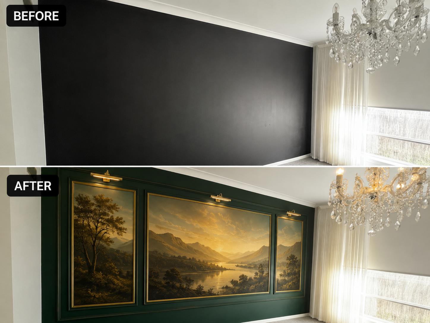 Black feature wall transformed into a sophisticated dark green and golden scenery statement wall.