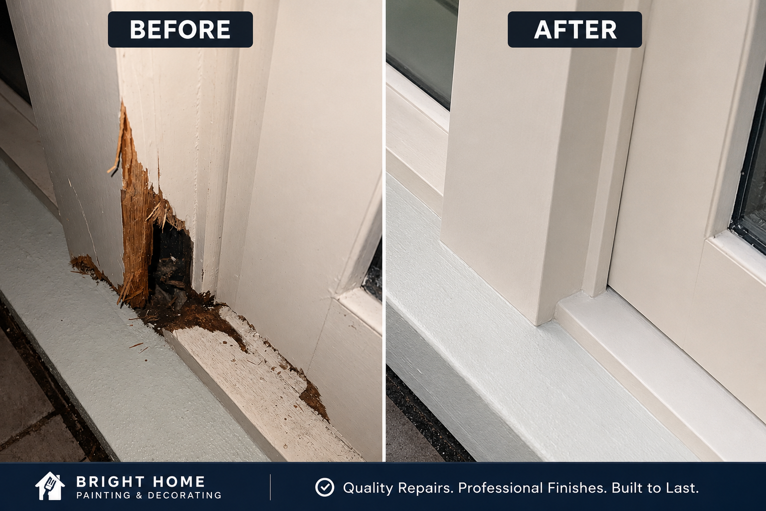 Another rotten timber window frame professionally repaired instead of replaced.